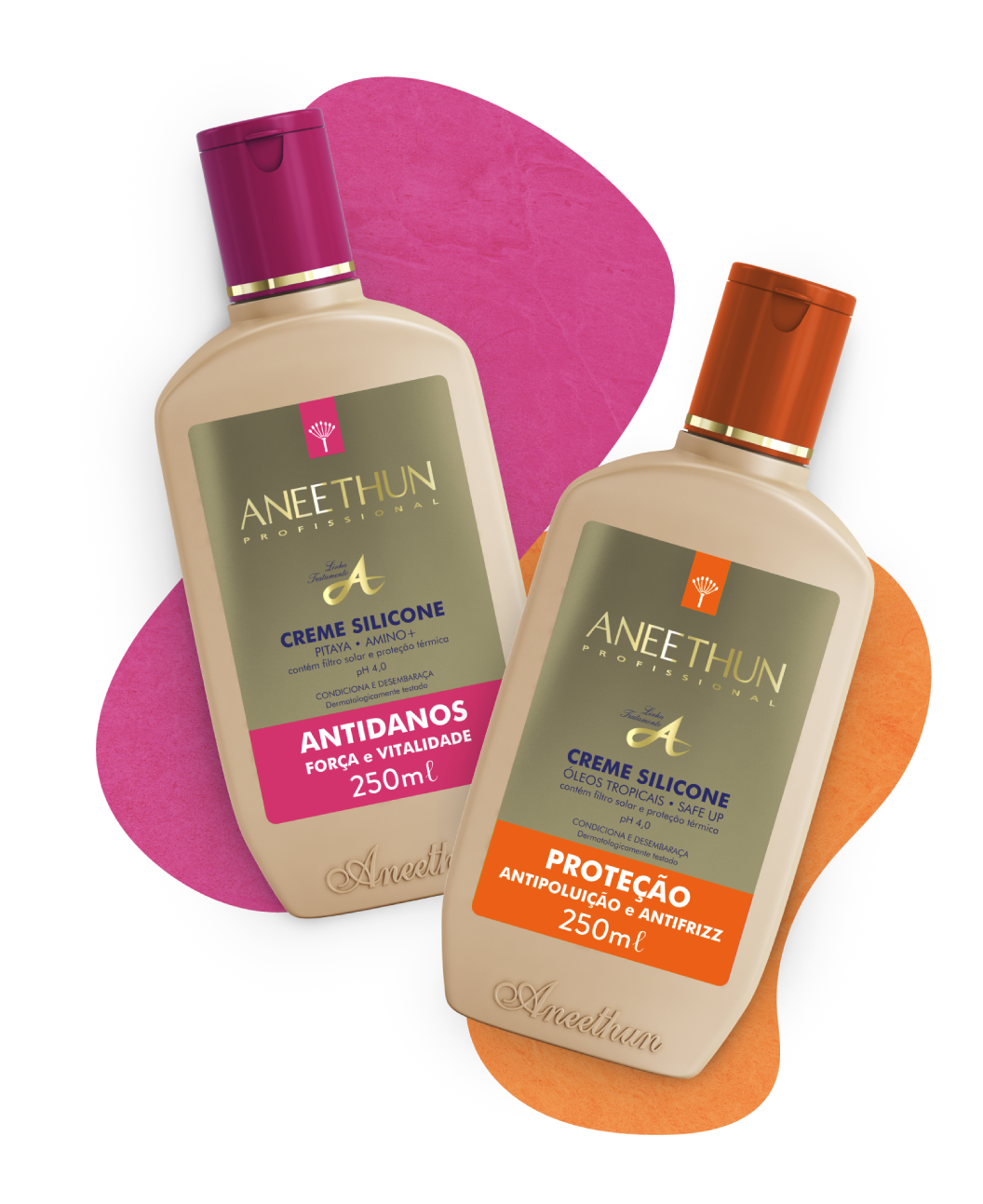 Fotomontagem mostra frascos de 250ml dos Cremes Silicone Antidanos e Proteção Aneethun. Frasco amarelo com tampas e detalhes em laranja para o Proteção e rosa para o Antidanos.